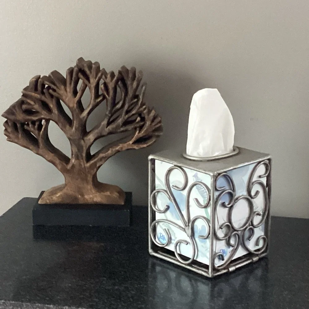 VNTG TISSUE BOX HOLDER DISTRESSED ANTIQUE SILVER WROUGHT IRON PIER 1 MEDICI LINE